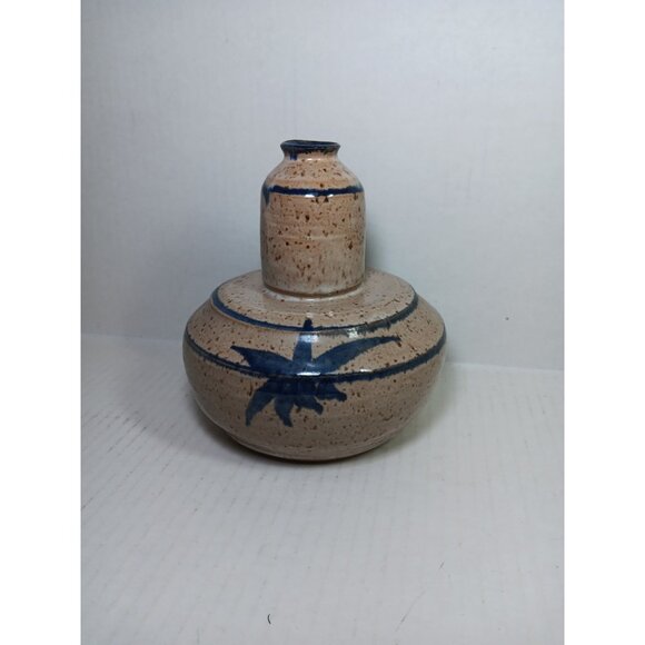 Vintage Signed Handmade Studio Art Pottery Stoneware Bud Vase Glazed Blue Beige - Picture 2 of 7